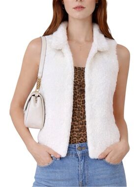 Betsey Johnson Y2K White Faux Fur Vest Cheetah Lined Sequin XL